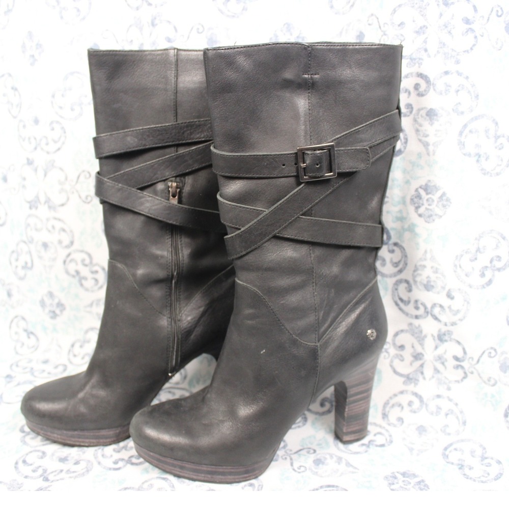 UGG Australia Black Leather‎ Strappy Buckle Platform Heeled Boots Womens 8.5